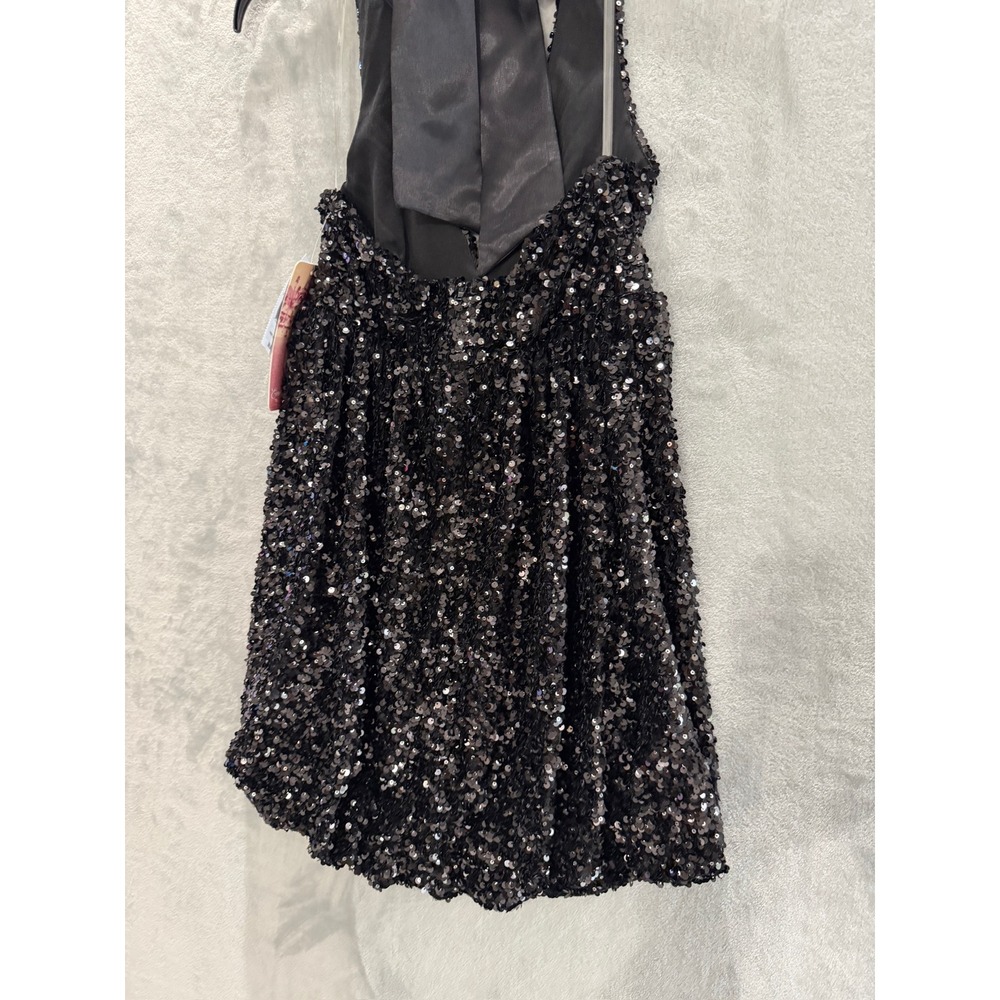 NWT Emerald Sundae Sequin Mini Dress Womens Black Satin Bow Open Back Sz S $89 - Picture 7 of 13